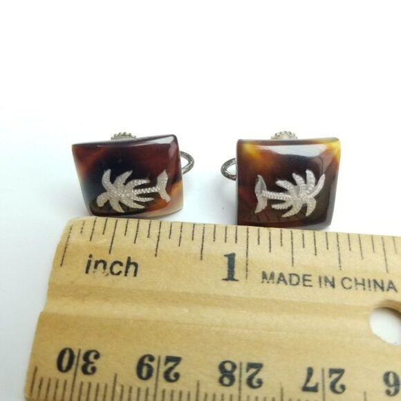 Vintage Palm Tree Design Square Screw Back Clip On Earrings, Retro Tropical - Picture 4 of 6